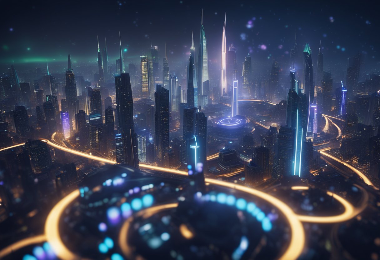 A futuristic cityscape with sleek, towering buildings and flying vehicles zipping through the air. The skyline is illuminated with neon lights and holographic billboards