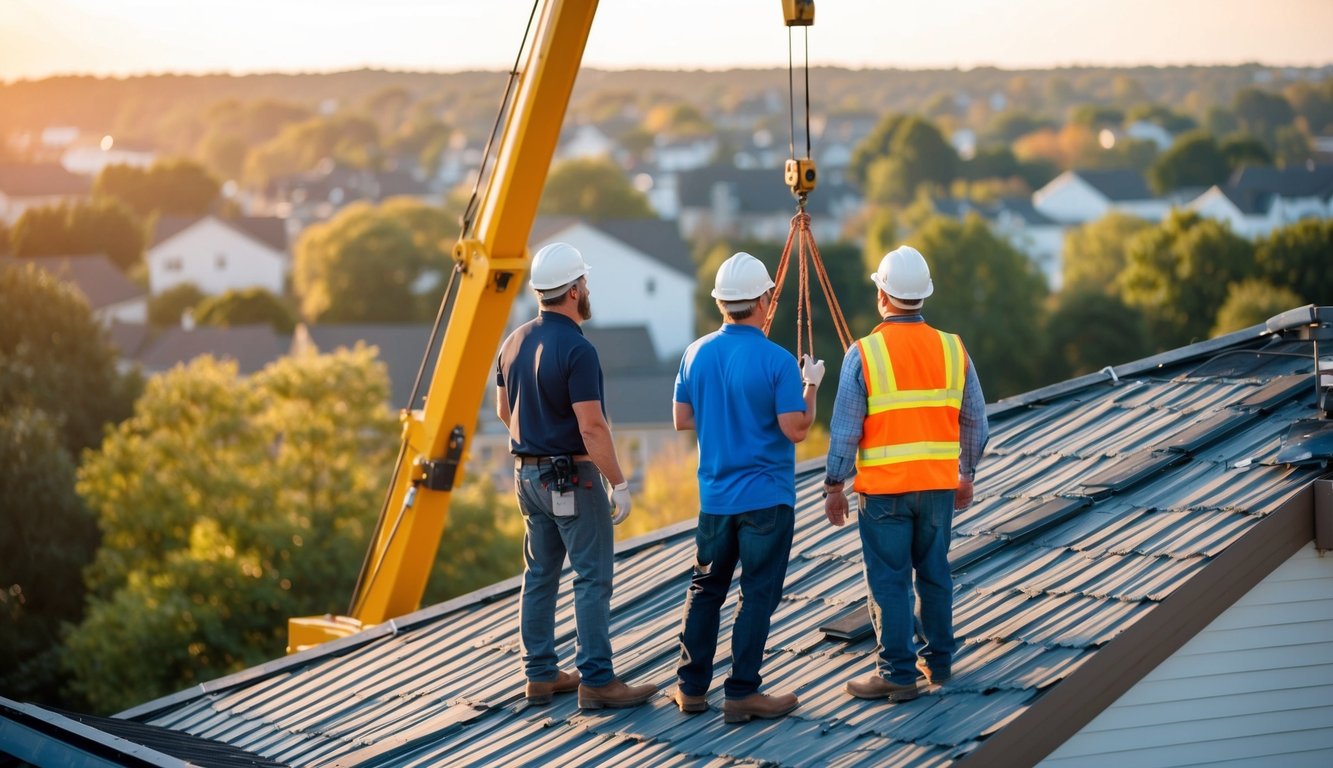 Two real estate investors standing in front of their rental property watching workers replace the roof using a crane.