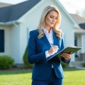 A female real estate investor standing on the sidewalk in front of a foreclosed home with a clipboard in her hand taking notes about the property.