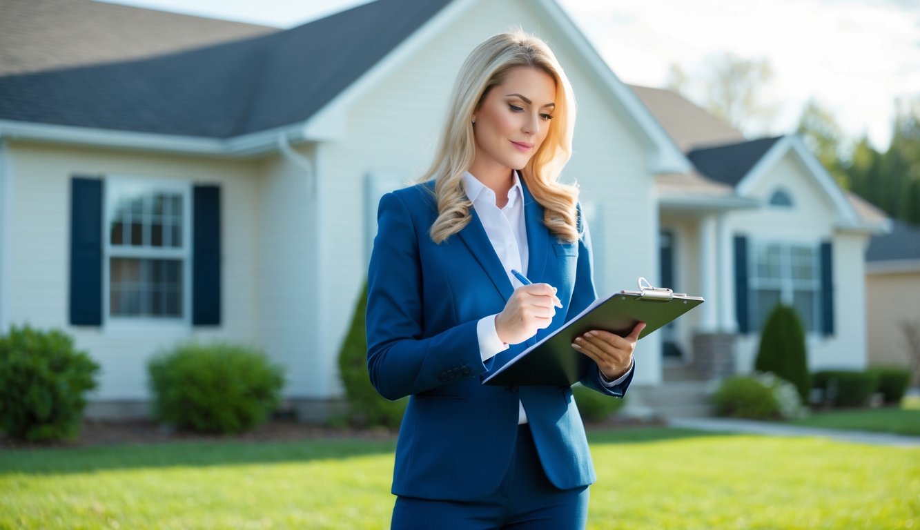 A female real estate investor standing on the sidewalk in front of a foreclosed home with a clipboard in her hand taking notes about the property.