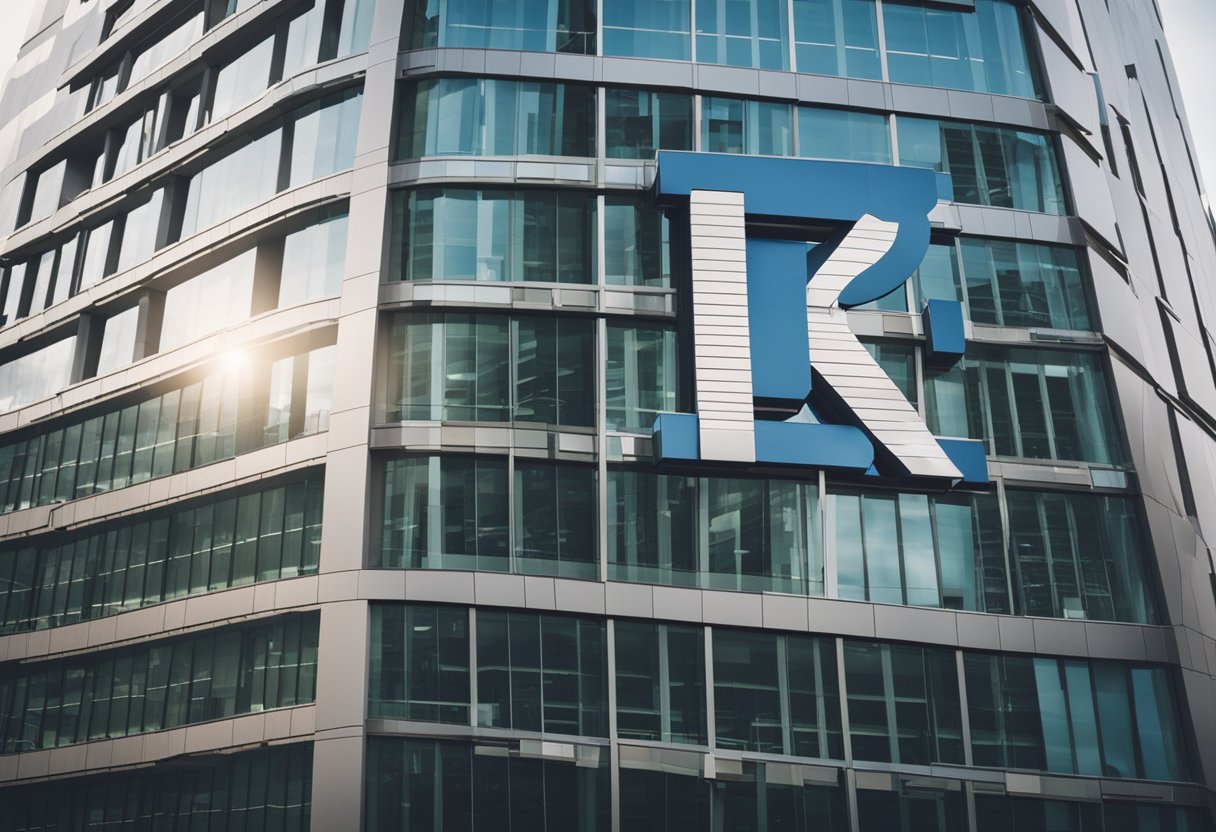 A modern office building with the letters "K-1" prominently displayed on the front facade