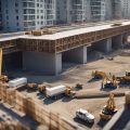 A real estate property under construction with a temporary bridge connecting two sections, surrounded by construction materials and workers