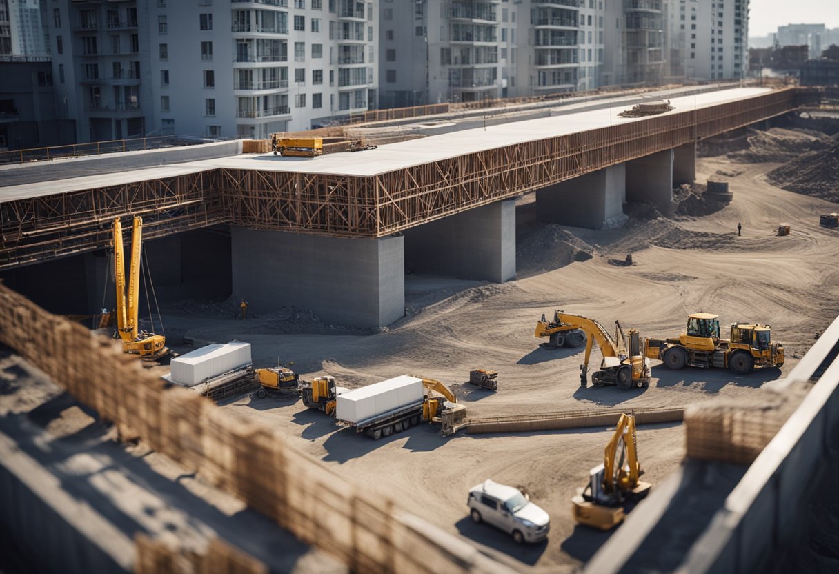 A real estate property under construction with a temporary bridge connecting two sections, surrounded by construction materials and workers