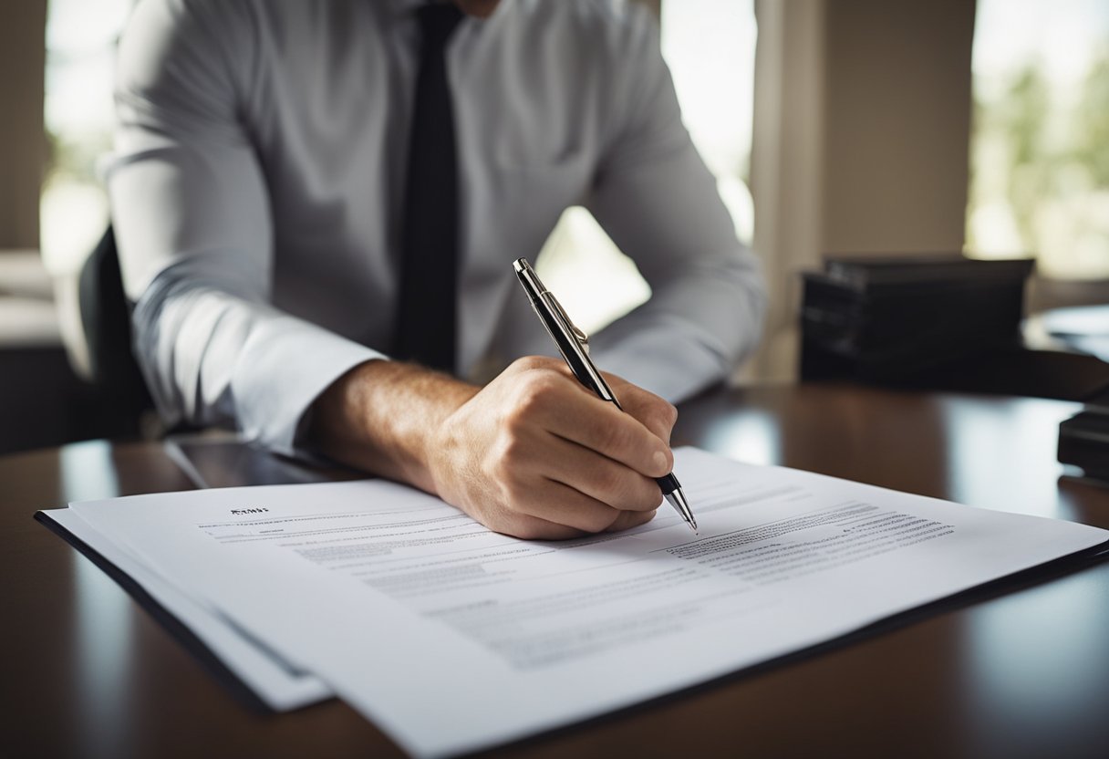 A real estate investor signing paperwork to secure financing for purchasing a foreclosed property