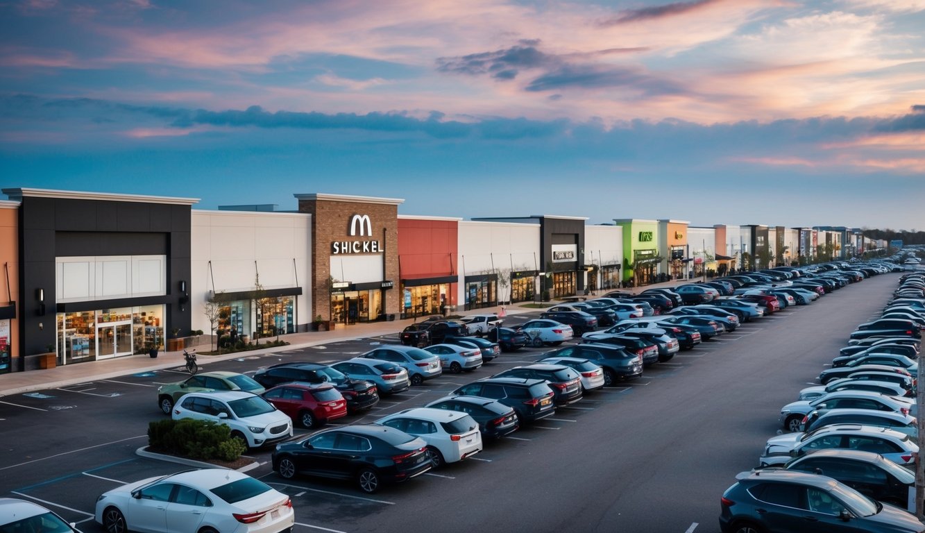 A row of modern retail buildings in a busy shopping mall and parking lot