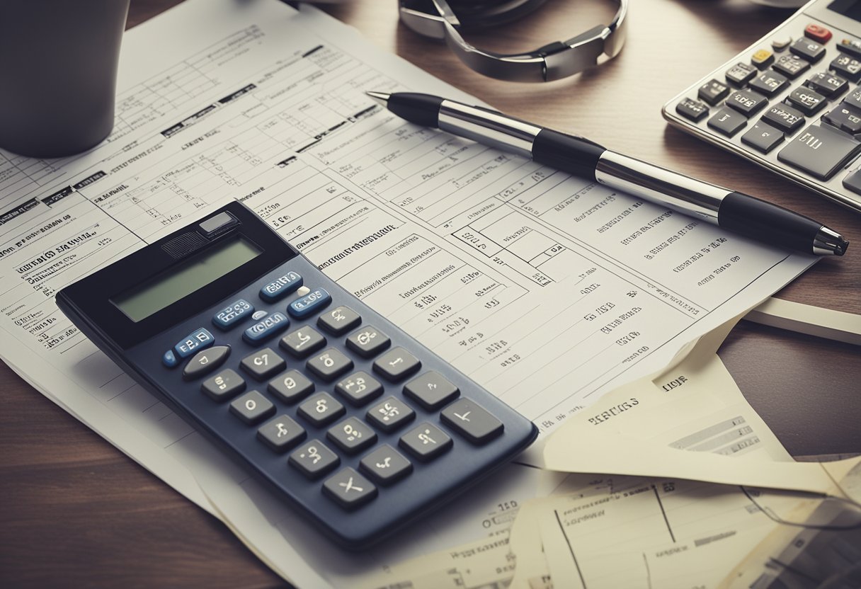 A rental property with a calculator and financial documents spread out on a table, surrounded by charts and graphs showing calculations of yield