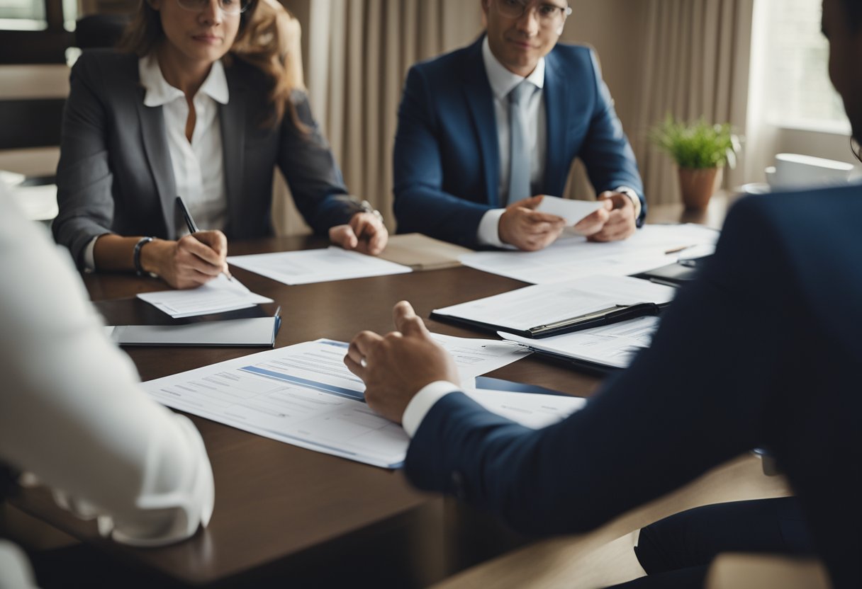 A homeowner and a bank representative sit at a table, discussing options. Documents and financial papers are spread out, indicating a negotiation process