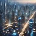 A futuristic cityscape with smart buildings and automated transportation systems