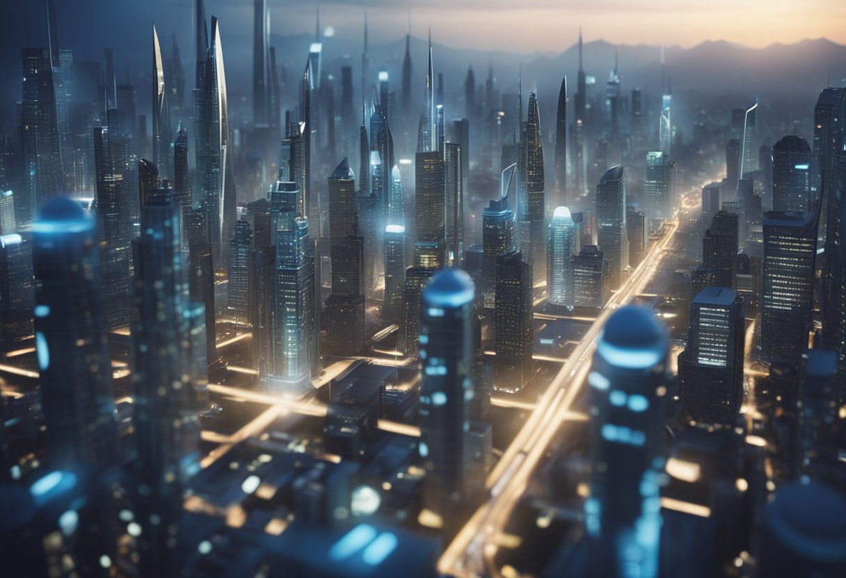 A futuristic cityscape with smart buildings and automated transportation systems