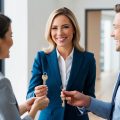 A female real estate agent handing over keys to a happy investor who just purchased his first REO home.