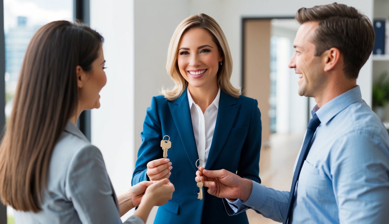 A female real estate agent handing over keys to a happy investor who just purchased his first REO home.