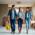 A husband and wife real estate investors walking through an foreclosure they purchased discussing renovations with their contractor.