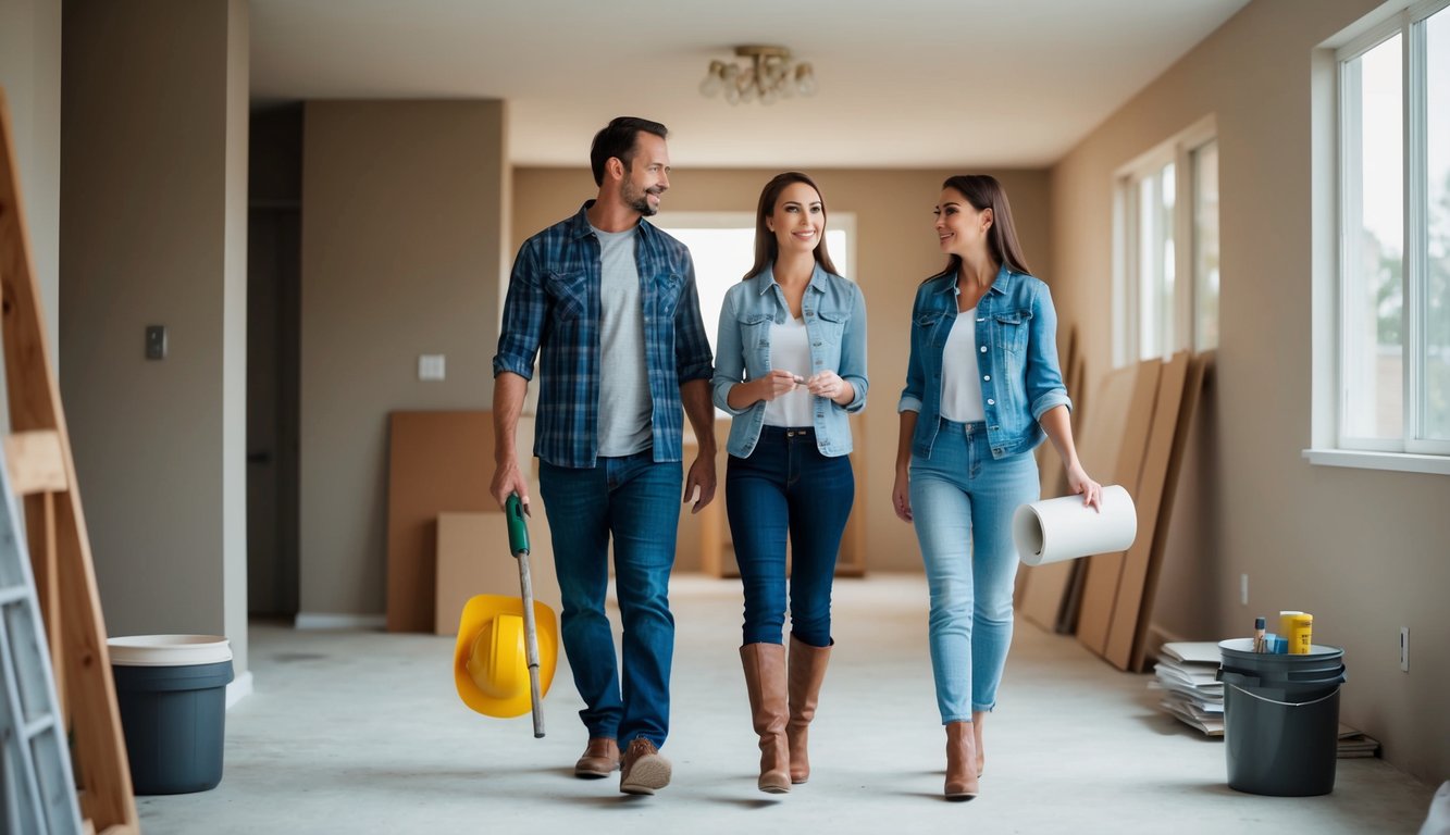 A husband and wife real estate investors walking through an foreclosure they purchased discussing renovations with their contractor.