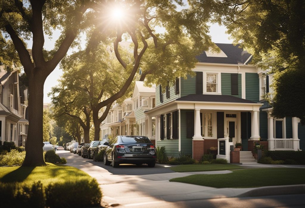 A sunny suburban neighborhood with rows of houses and a bank building, with a "For Sale" sign in front of one of the houses