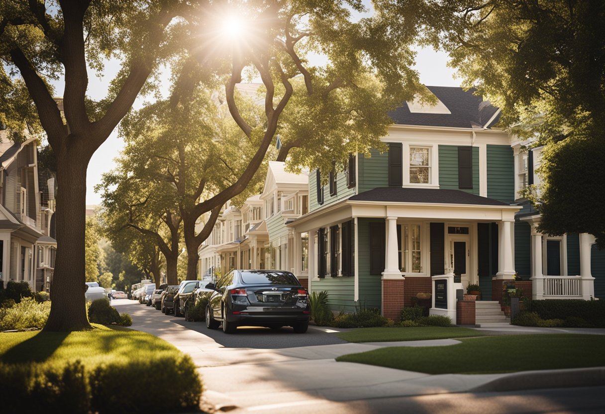 A sunny suburban neighborhood with rows of houses and a bank building, with a "For Sale" sign in front of one of the houses