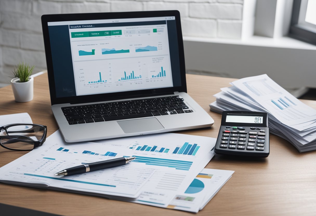 An open laptop displaying real estate CMA charts and graphs on a desk with a stack of papers and a calculator