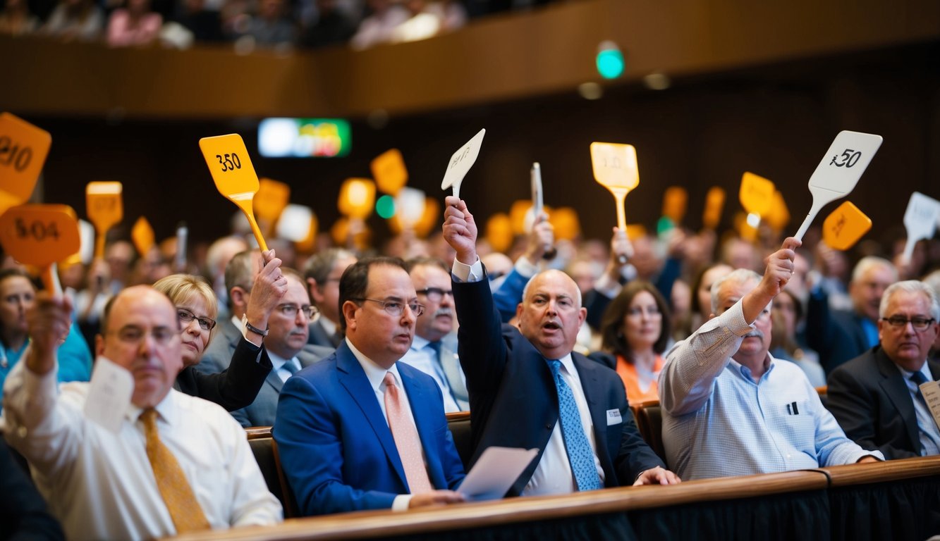 Bidders jostle, waving paddles, at a crowded foreclosure auction. Auctioneer calls out prices as tension mounts