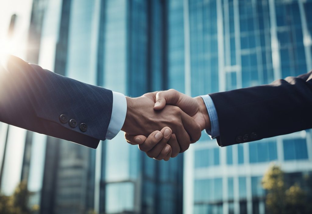 A handshake between two business partners in front of a modern office building