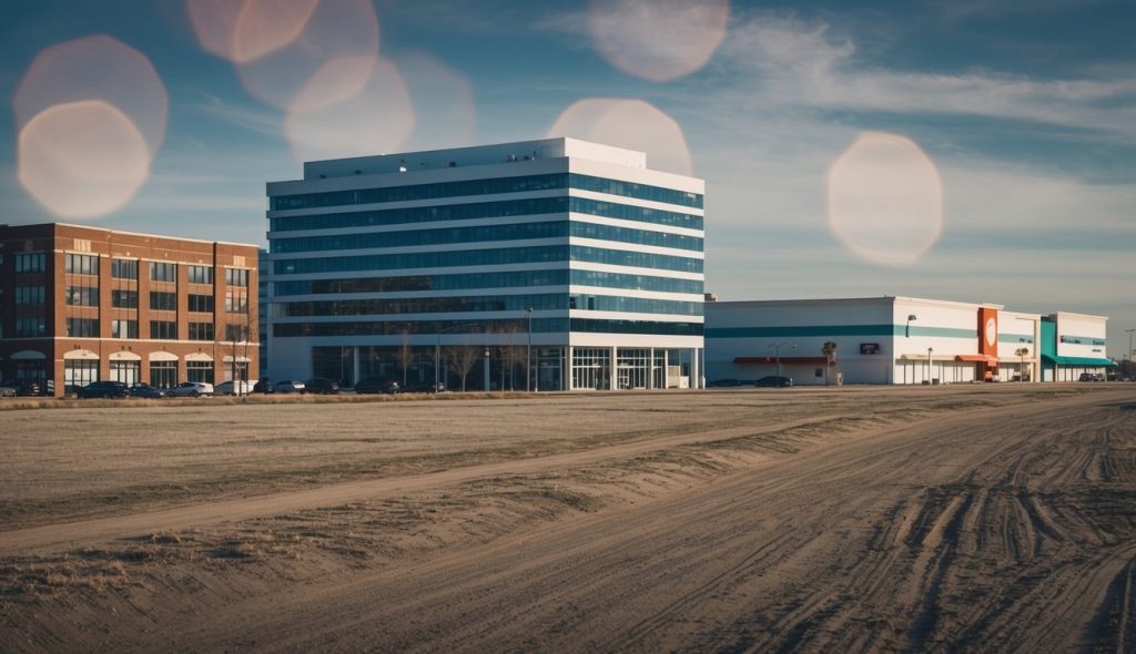 An office building next to an apartment building next to a shopping center next to vacant land, with properties all in a row or across from one another