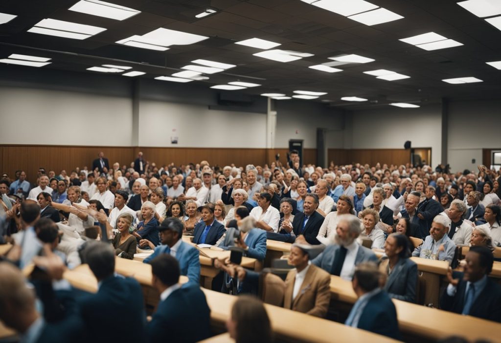 A crowded auction room with bidders raising paddles for tax deed sales