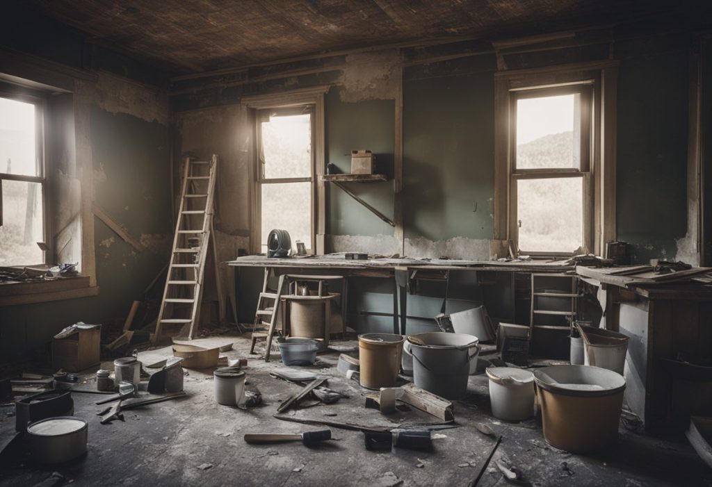 A dilapidated house being renovated, with tools, paint, and supplies scattered around