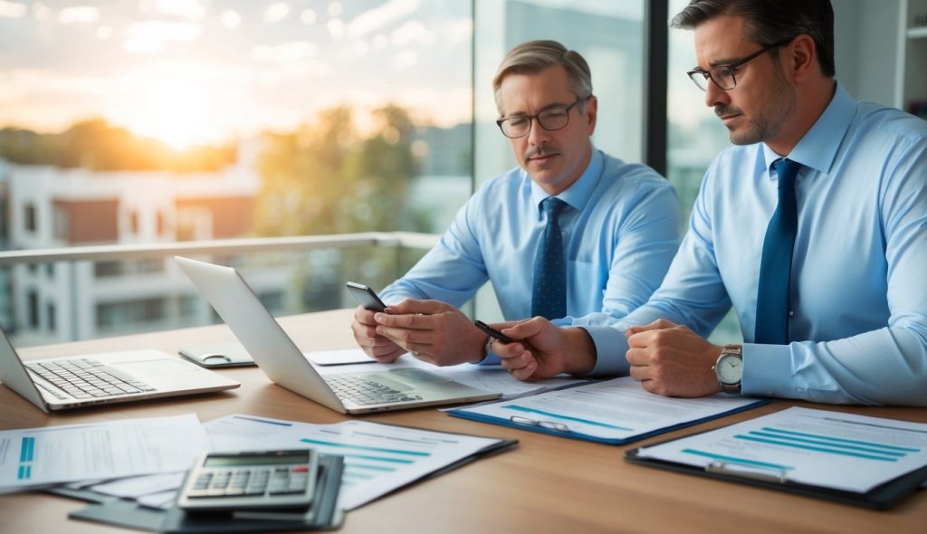 A group of investors reviewing property records and financial documents, while discussing potential tax lien investments