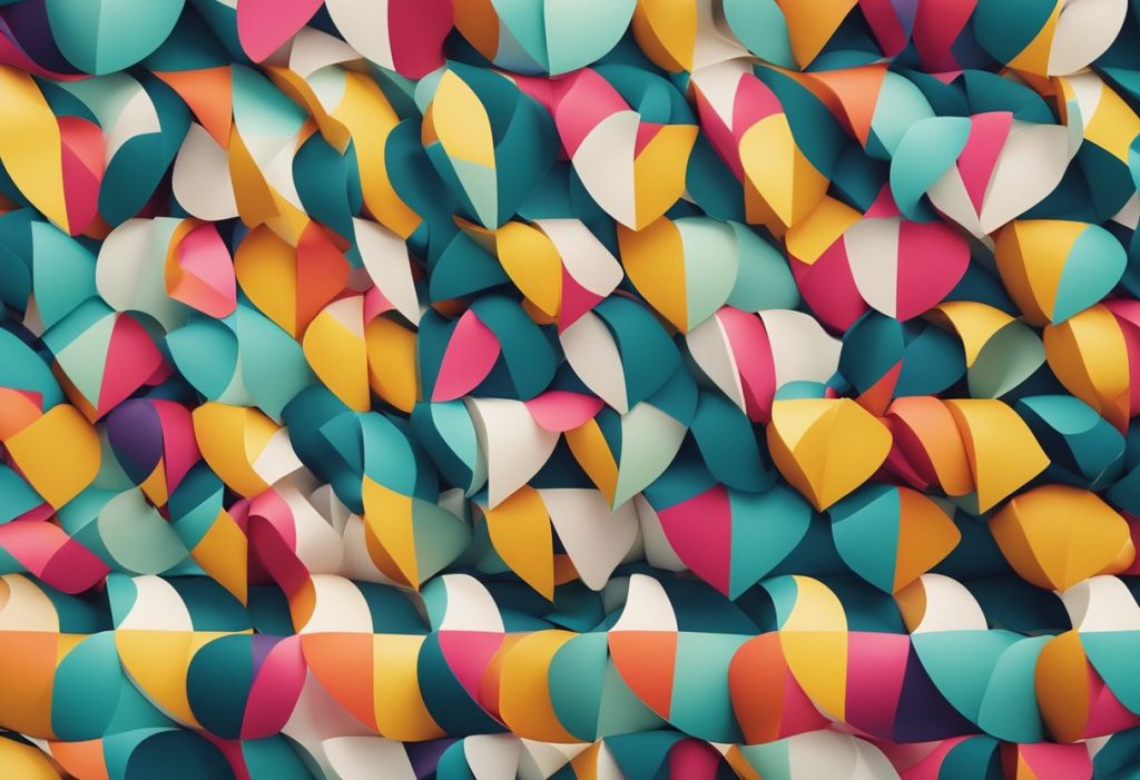 A colorful swirl of geometric shapes floating in a sea of vibrant, abstract patterns