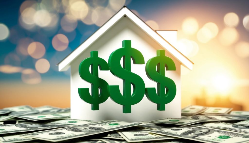 Green dollar signs floating over a house signifying creative financing options for purchasing real estate