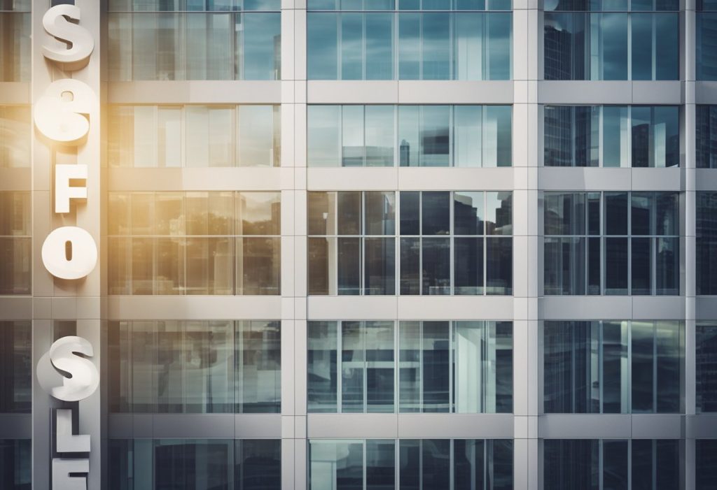 A modern office building with a "For Sale" sign and digital tokens floating above, symbolizing commercial property tokenization