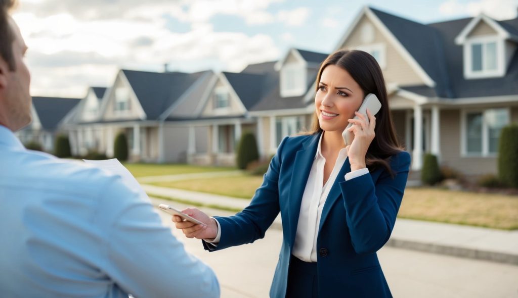 A female real estate investor looking at houses that are being foreclosed on, speaking on her cell phone with a fellow investor