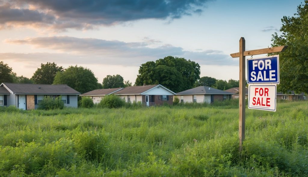 Empty, overgrown lots with "For Sale" signs. Abandoned homes with boarded windows. Foreclosure notices on doors. Few buyers, neglected properties