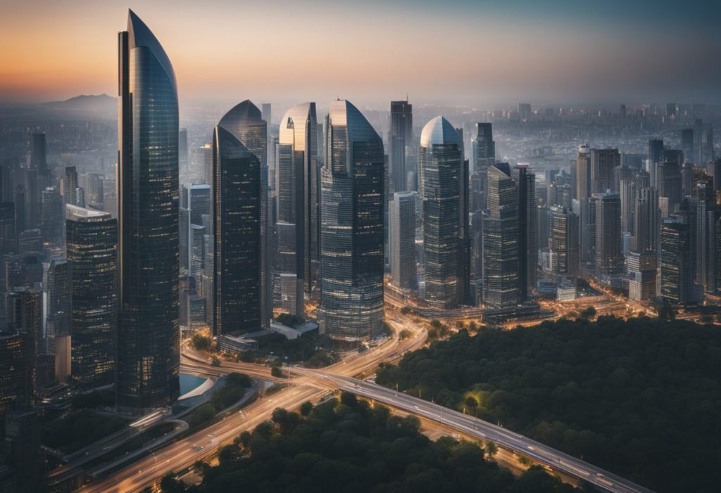 A modern city skyline with prominent branded buildings
