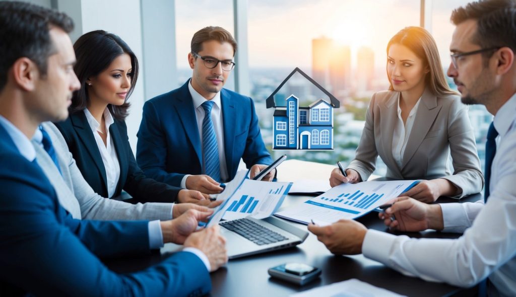 A group of investors in a conference room discussing risk management strategies for foreclosure investing