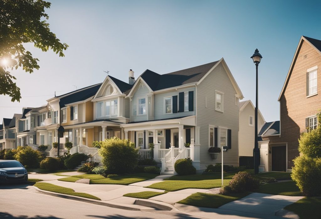 A sunny suburban street with well-kept houses, real estate signs, and construction materials scattered around