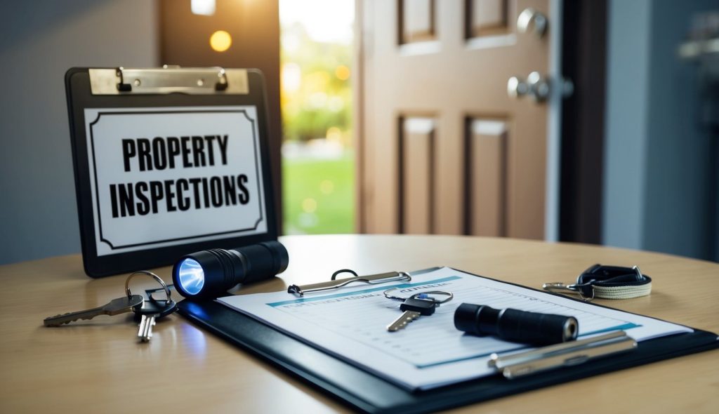A clipboard with a checklist, a set of keys, and a flashlight on a table next to a door with a "Property Inspections" sign