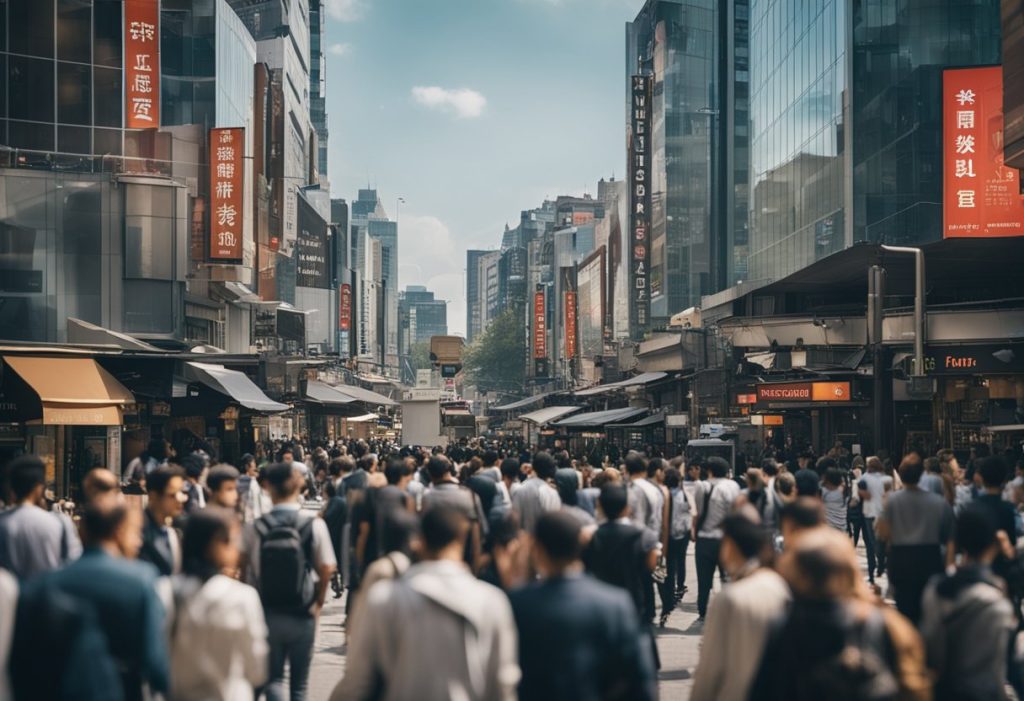 A busy city street with buildings and signs, people trading property tokens