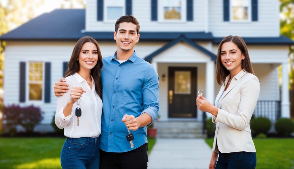 A young Gen Z couple standing in front of a rental property they just purchased with their inheritance.