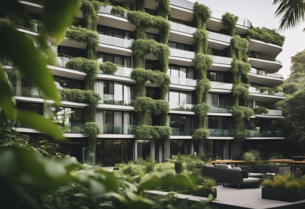 A modern hotel and a cozy Airbnb property side by side, surrounded by lush greenery and a bustling cityscape in the background