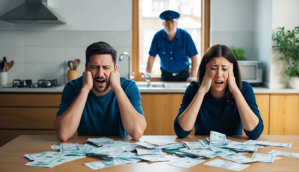 Two renters sitting at the kitchen table with bills scattered around frustrated at having to pay their rent late. A bill collector can be seen outside of the kitchen window looking in.