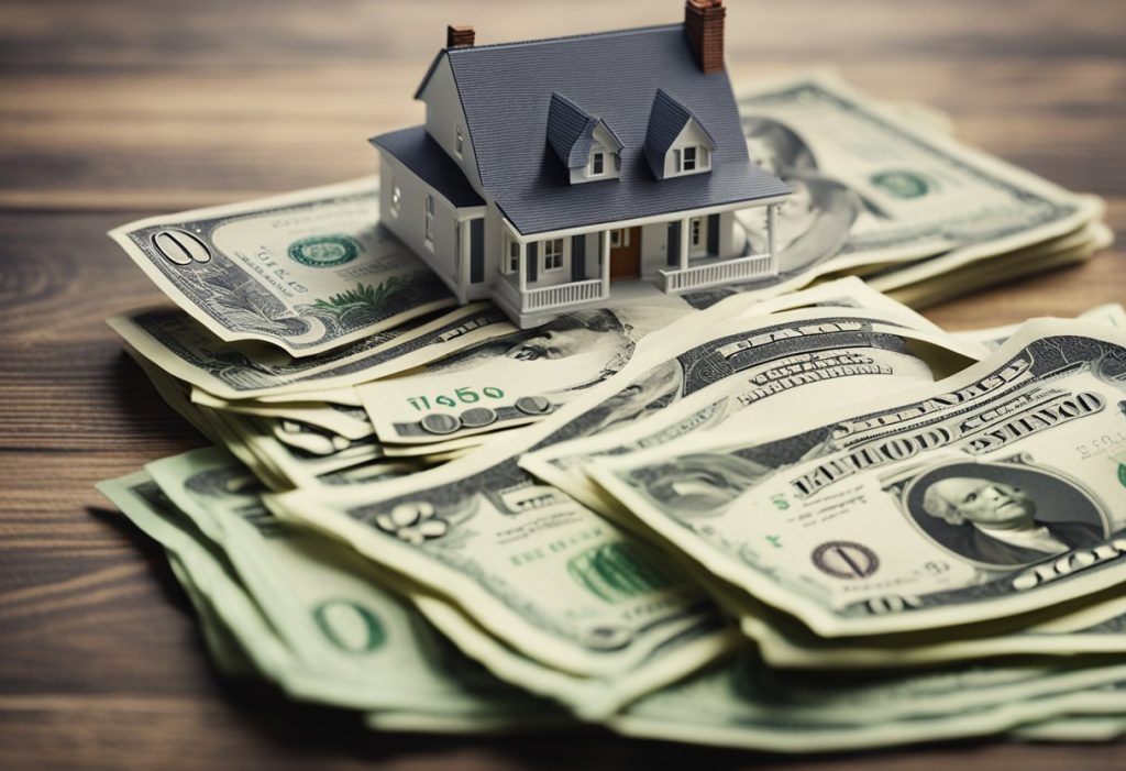 A house with a "For Sale" sign and a stack of cash representing real estate investment, while an older couple receives money from a reverse mortgage