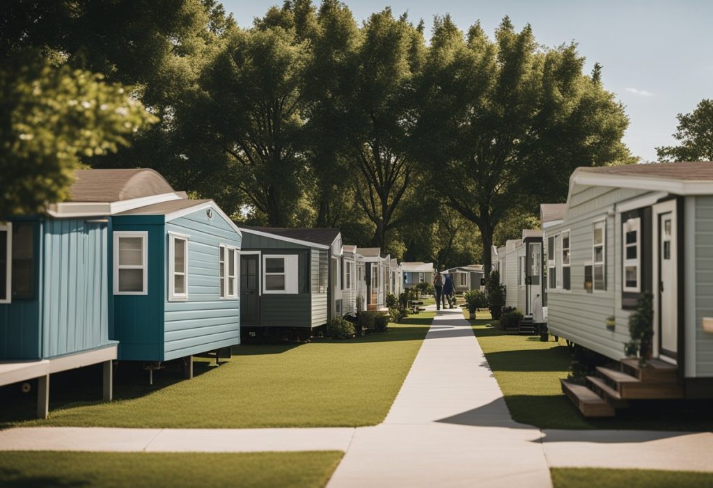 A row of mobile homes surrounded by trees and a community center, with residents chatting outside
