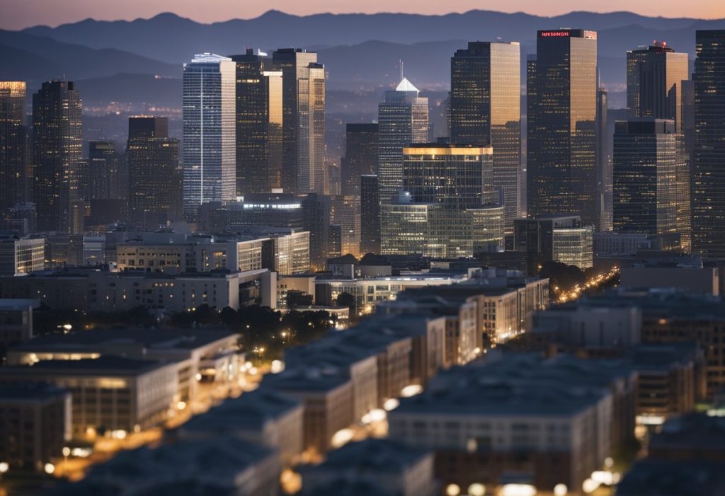 A bustling city skyline with various commercial and residential properties, including office buildings, apartment complexes, and shopping centers, all managed by real estate investment trusts