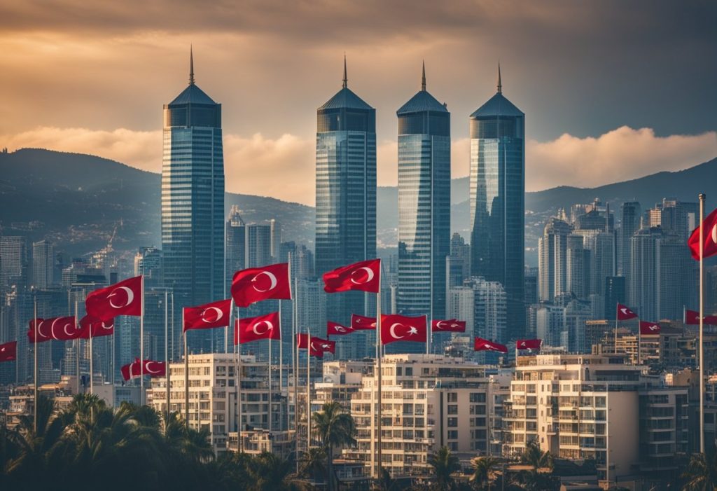 A modern city skyline with Turkish flags, a bustling market, and luxury beachfront properties