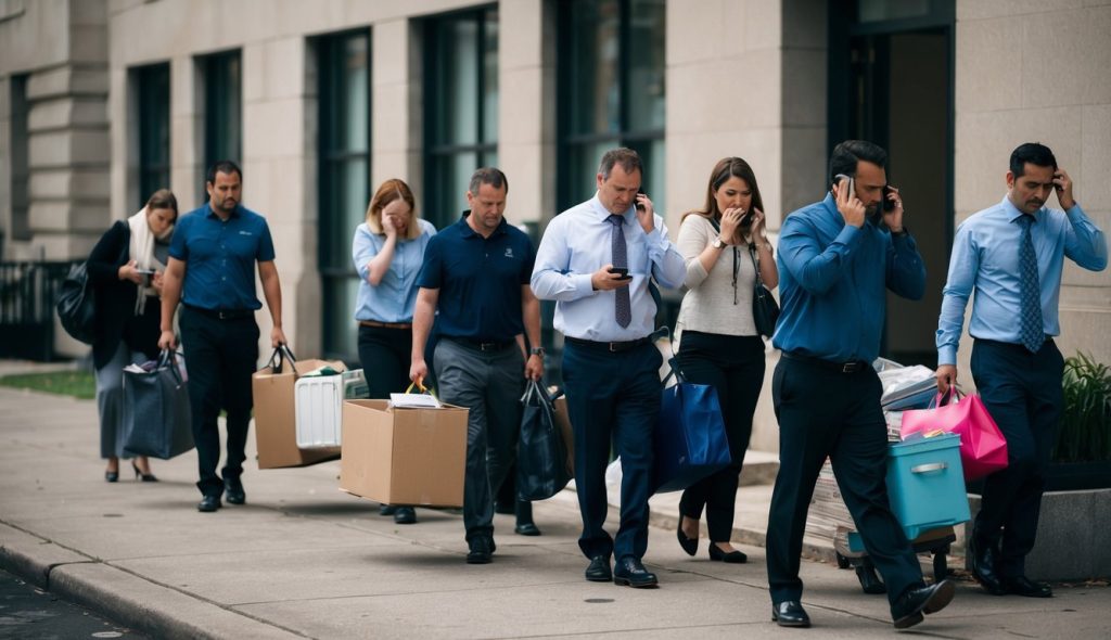 An office building in the central business district with with office workers carrying out boxes of their belongings due to the building being foreclosed on. Some are crying and some are talking on their cell phones, while others look despondent.