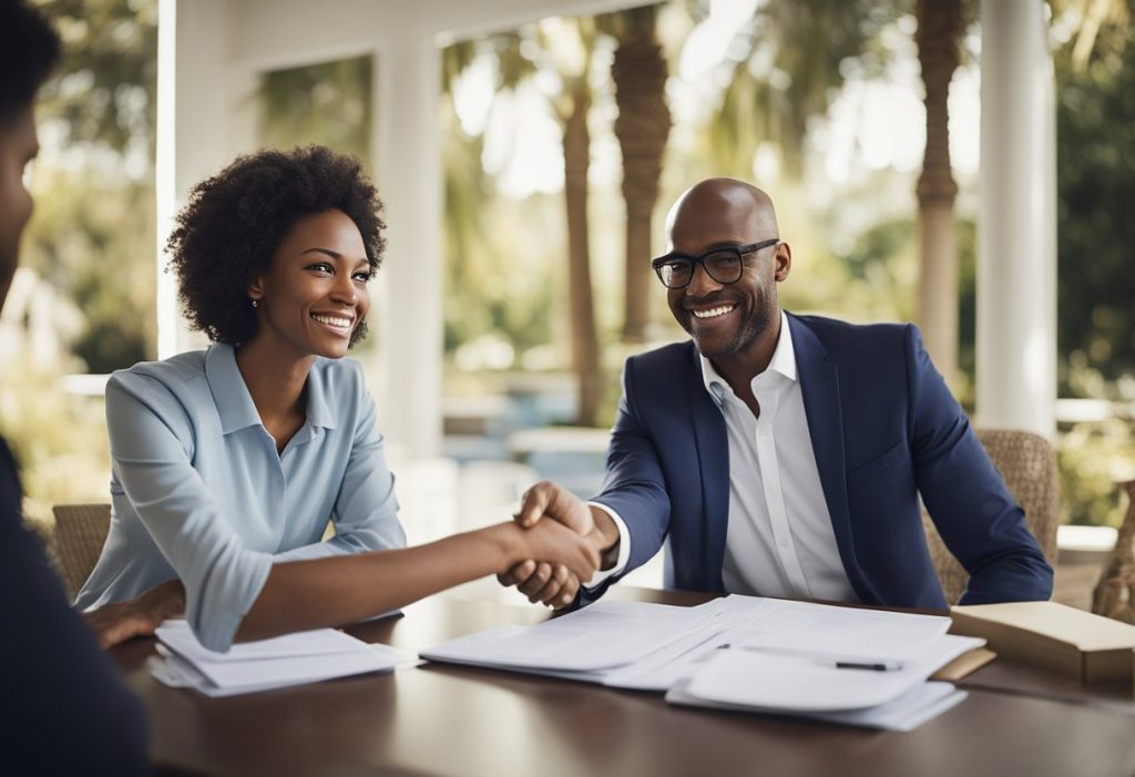 A real estate agent and a distressed homeowner shaking hands over a table stacked with paperwork, symbolizing a creative deal structure for a short sale