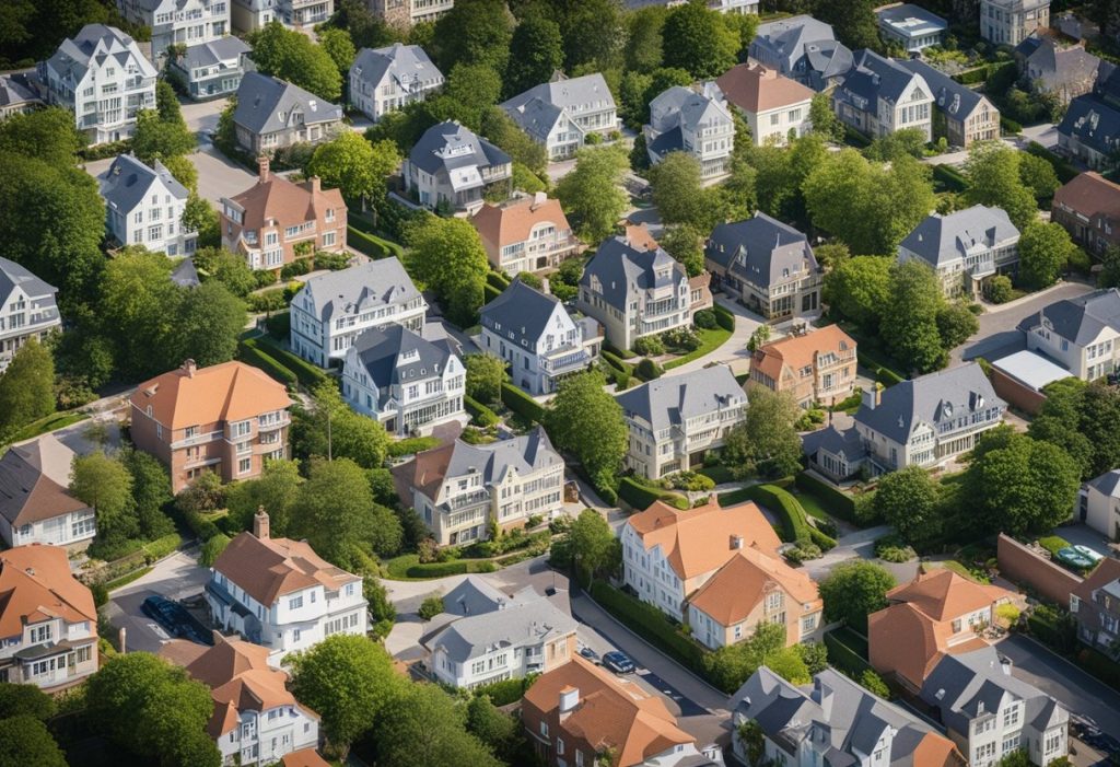 A collection of modern and traditional properties, including houses, apartments, and commercial buildings, arranged neatly on a digital or physical portfolio