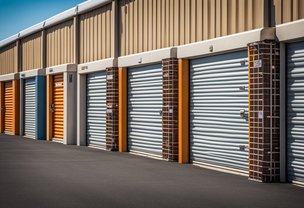 A row of self storage units, varying in size and color, surrounded by a chain-link fence. A sign with the company's logo is displayed prominently