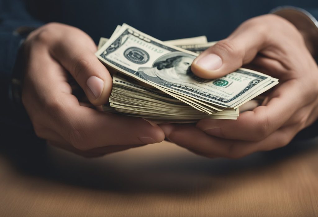 A hand presenting a stack of cash to another hand