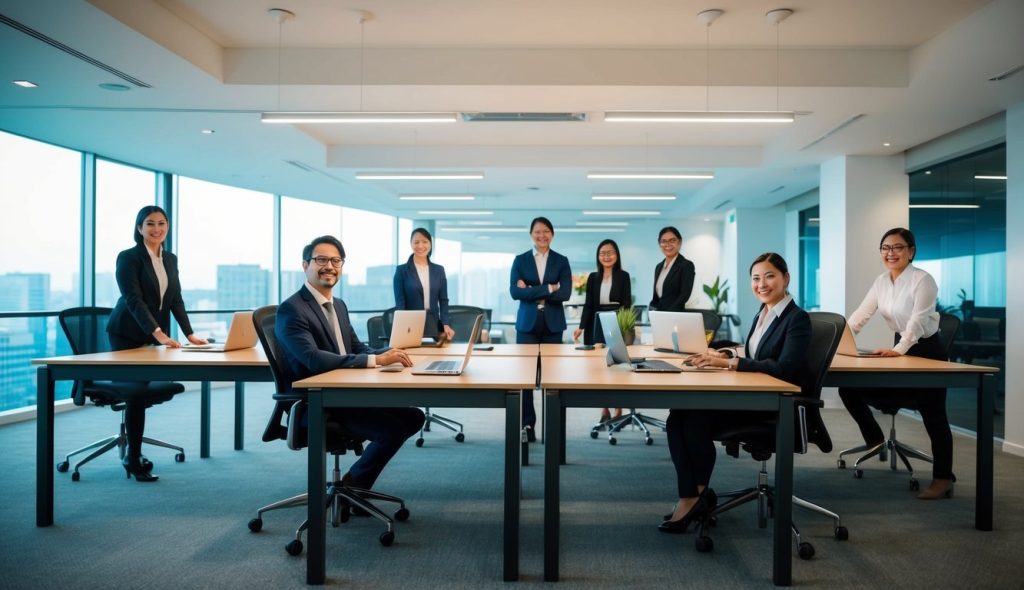 A modern office filled with happy employees with a mix of traditional desks and standing workstations