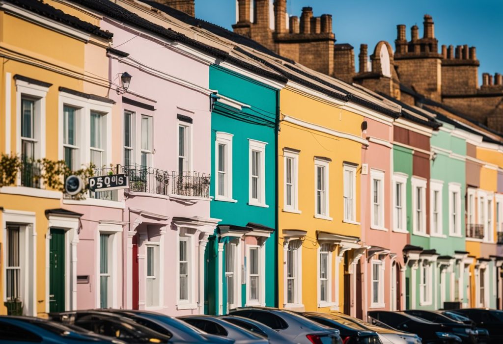 A row of colorful houses with "For Rent" signs in front